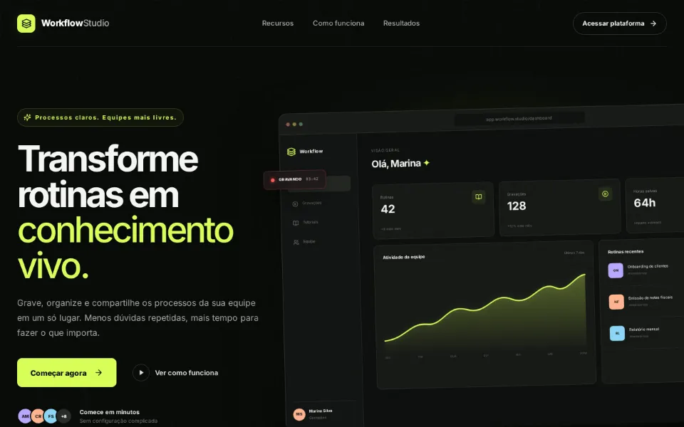 Landing do Workflow Studio — central de tutoriais e rotinas de trabalho